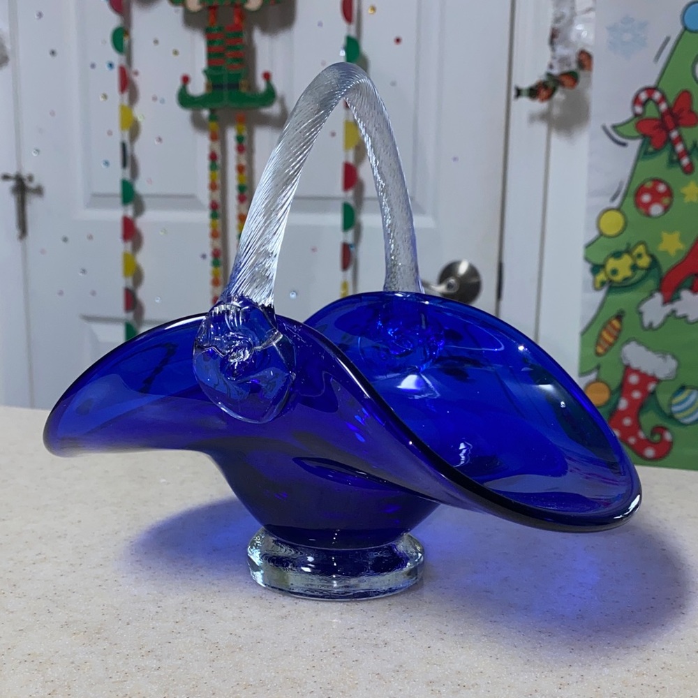 vintage cobalt blue art glass basket Elegant Blue Glass Art Basket